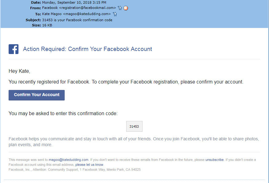 image of email from Facebook with confirmation code