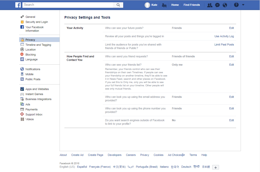 image of Facebook privacy page
